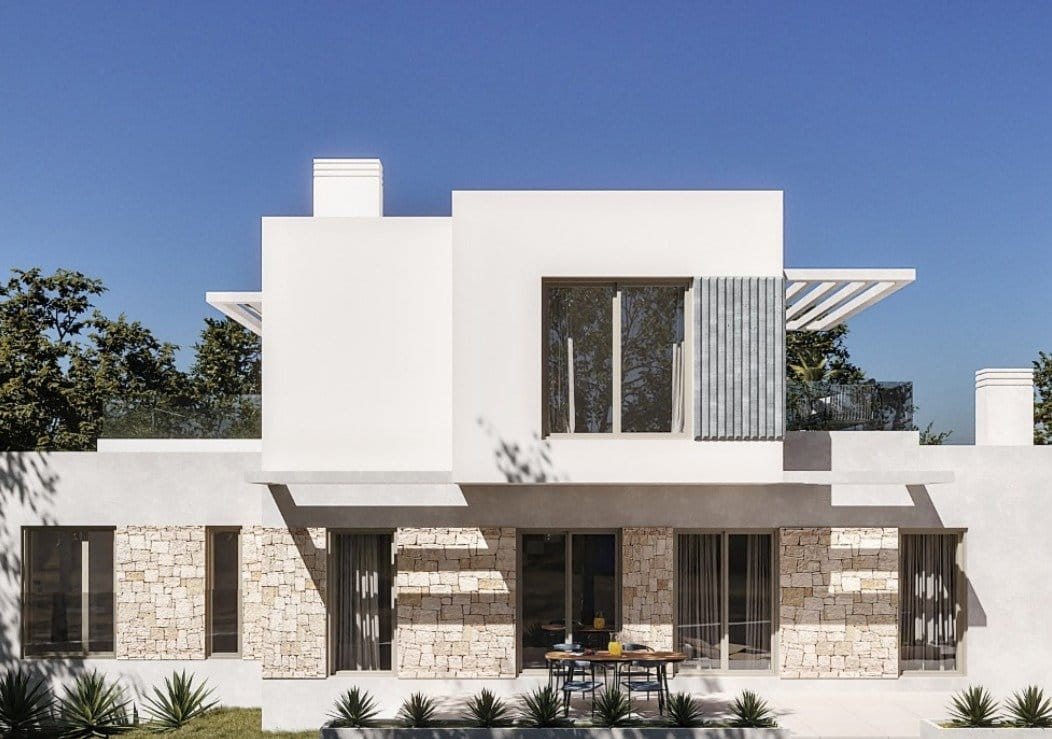Front elevation of the villa and swimming pool in Sierra Cortina, Finestrat, Alicante