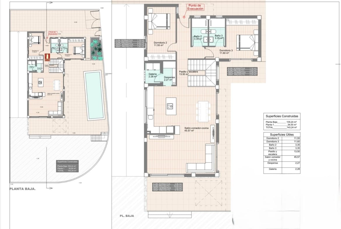 Ground floor plan showing 2 bedrooms, 2 bathrooms and the pool garden in La Marina, San Fulgencio, Alicante