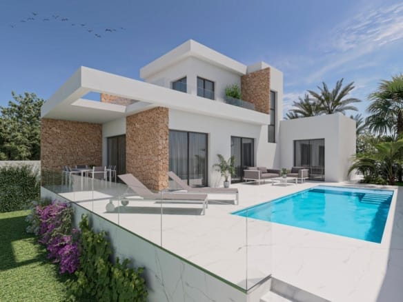 Rendering of the villa with white façades, stone accents and a private pool in La Marina, San Fulgencio, Alicante