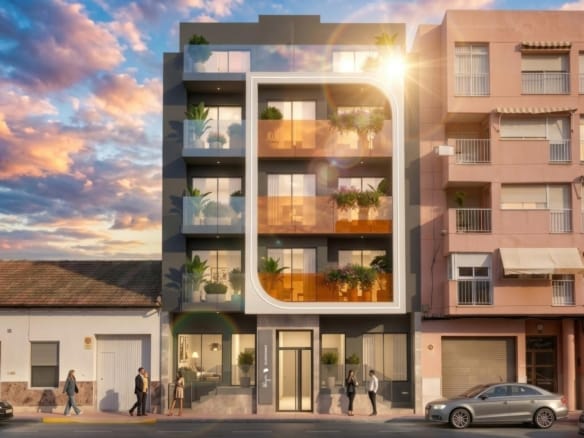 Front façade and balconies of the new apartment development in Guardamar del Segura, Alicante