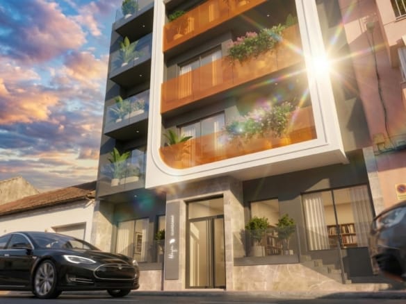 Street-level exterior render of the apartment building in Guardamar del Segura, Alicante