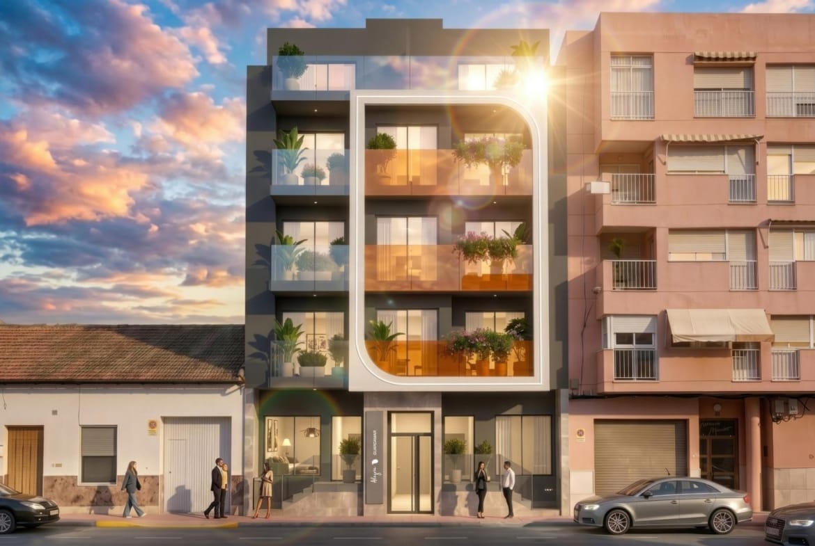 Front façade and balconies of the apartment development in Guardamar del Segura, Alicante