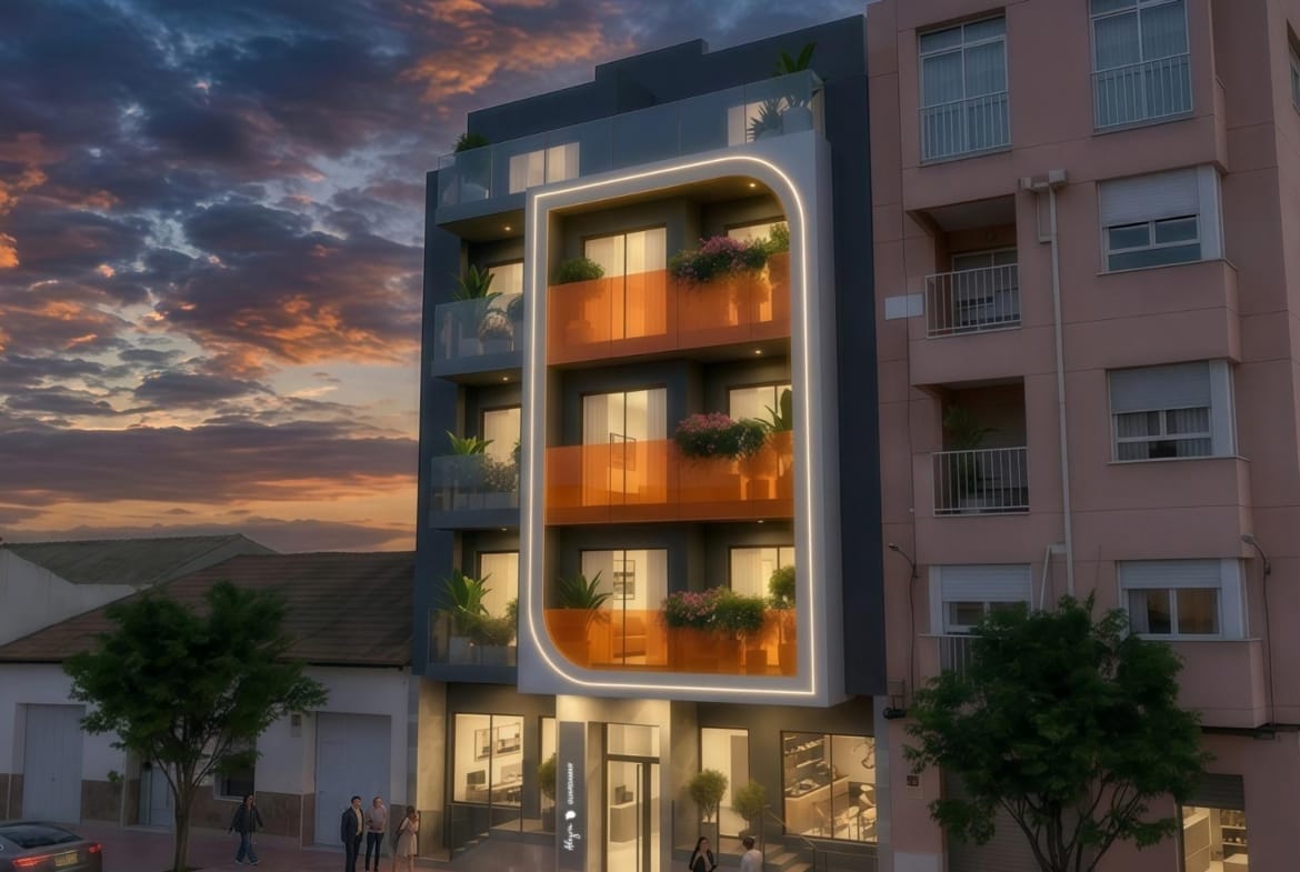 Angled dusk render of the apartment façade in Guardamar del Segura, Alicante