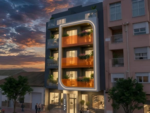 Angled dusk render of the apartment façade in Guardamar del Segura, Alicante