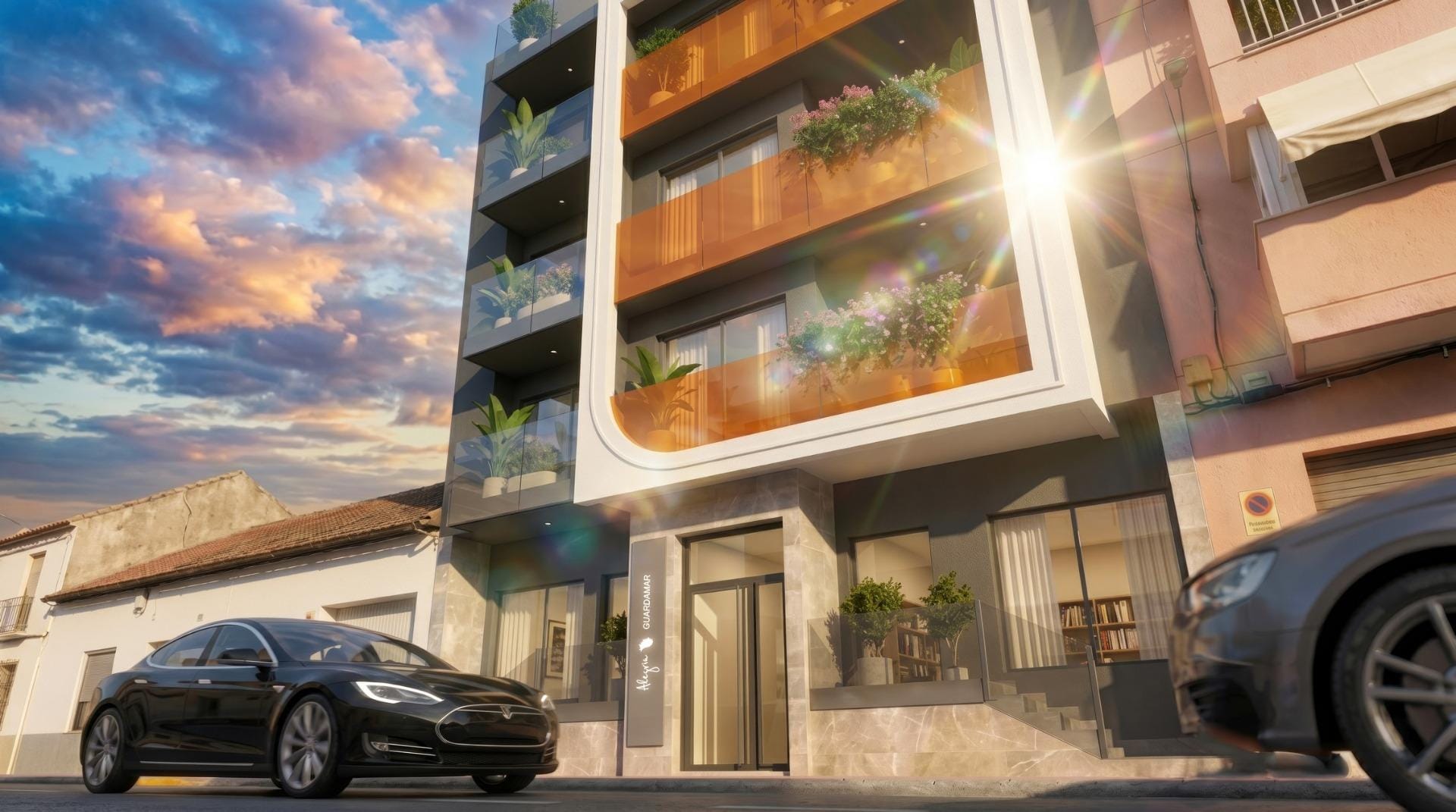 Street-level render of the apartment entrance and balconies in Guardamar del Segura, Alicante