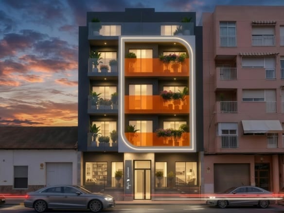 Dusk render of the apartment building and illuminated balconies in Guardamar del Segura, Alicante