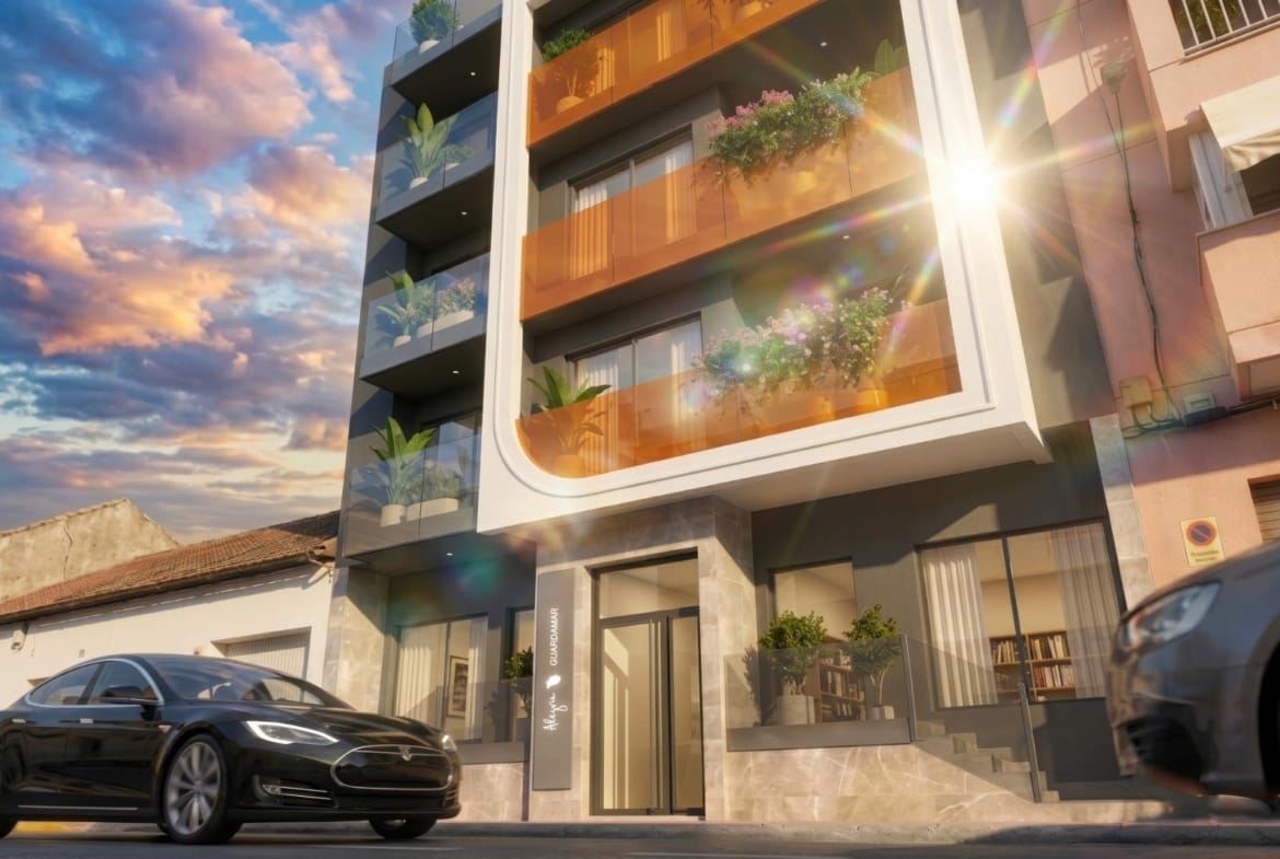 Street-level exterior render of the apartment building in Guardamar del Segura, Alicante