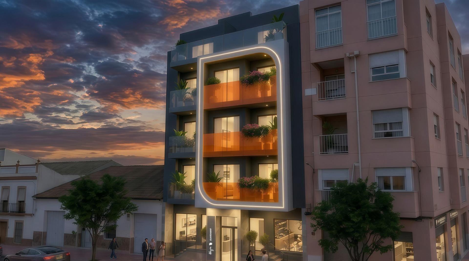 Angled exterior render of the apartment development in Guardamar del Segura, Alicante