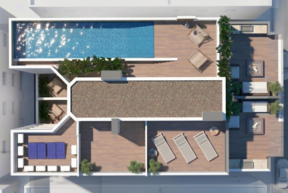 Overhead render of the rooftop pool and sun terraces in Guardamar del Segura, Alicante