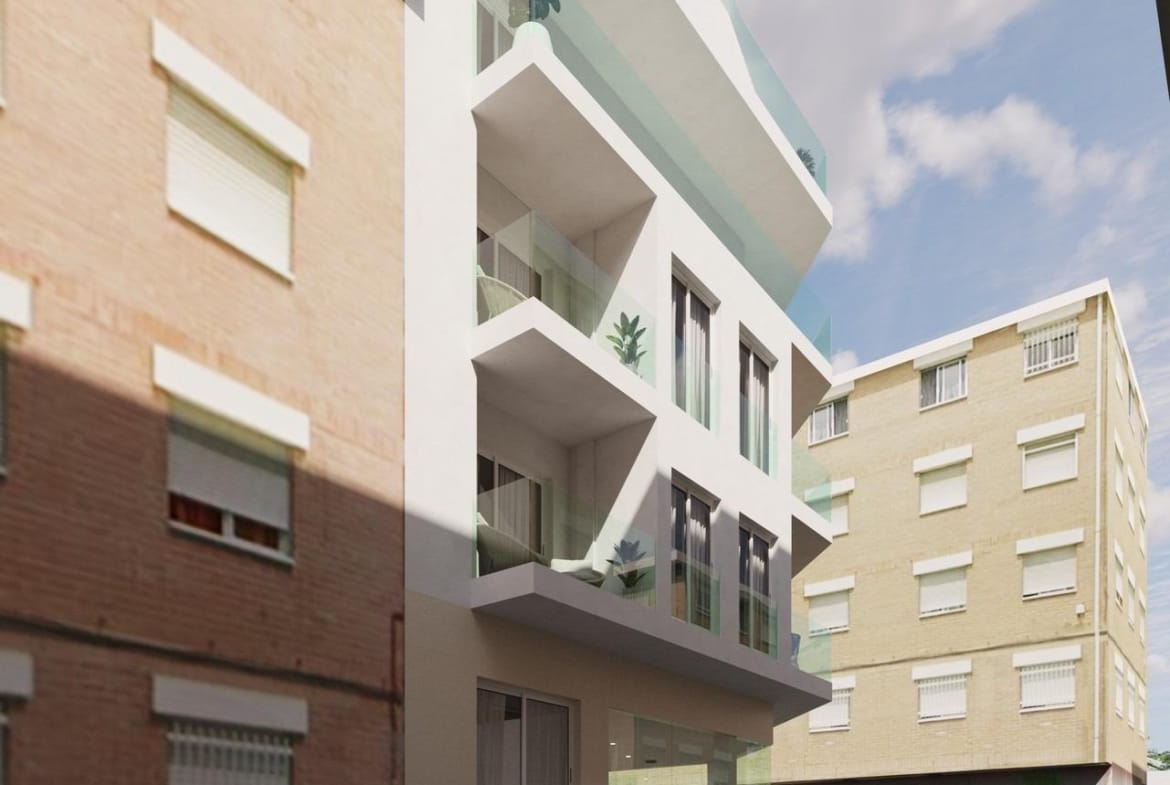 Street-view render of the building and balconies in Guardamar del Segura, Alicante