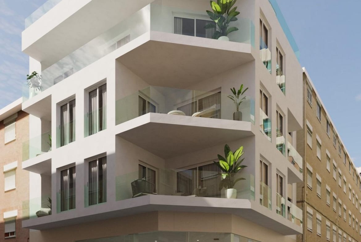 Corner exterior render of the apartment building in Guardamar del Segura, Alicante