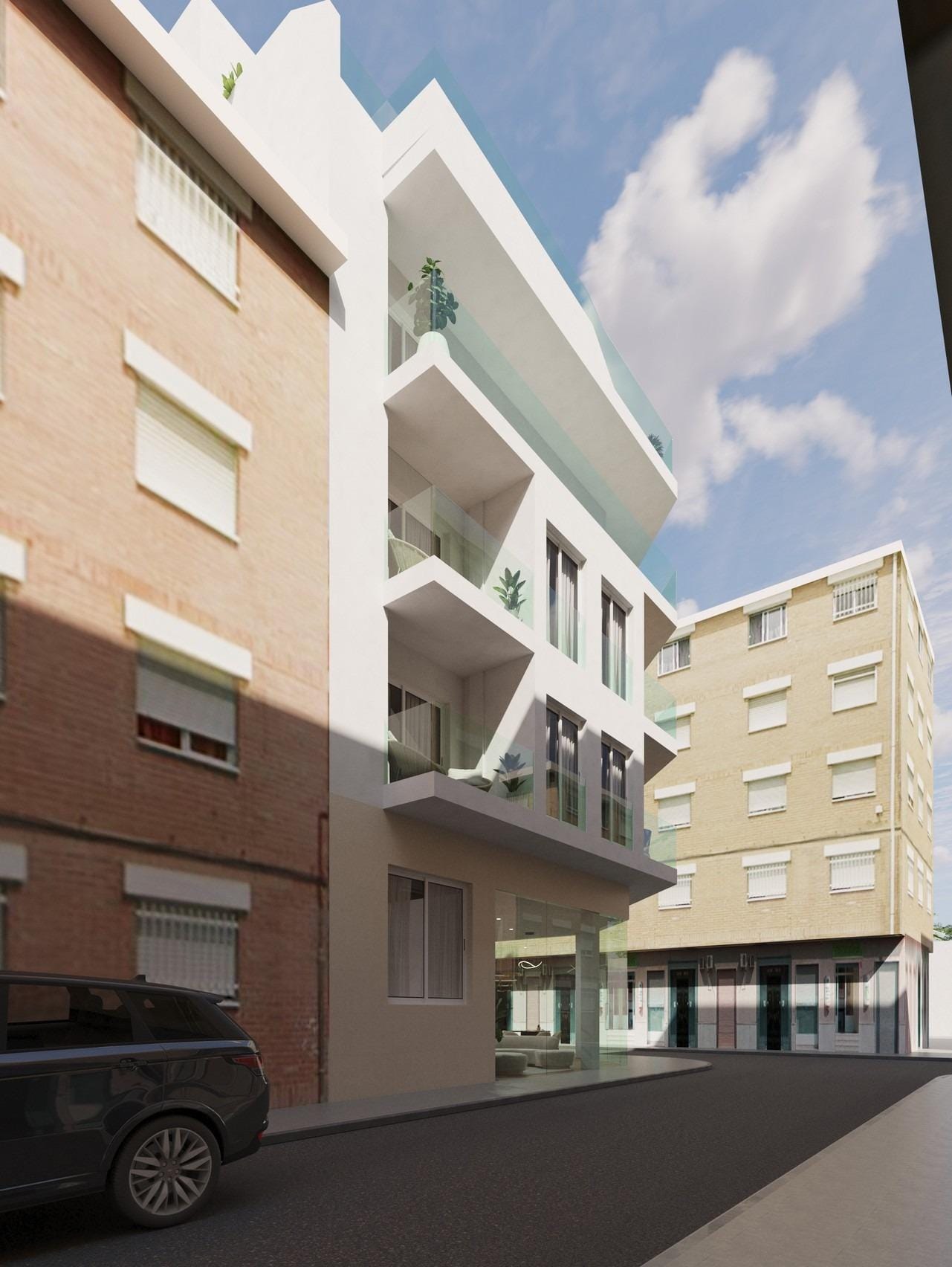 Street-view render of the building and balconies in Guardamar del Segura, Alicante