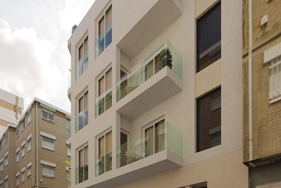 Side façade render of the apartment building in Guardamar del Segura, Alicante