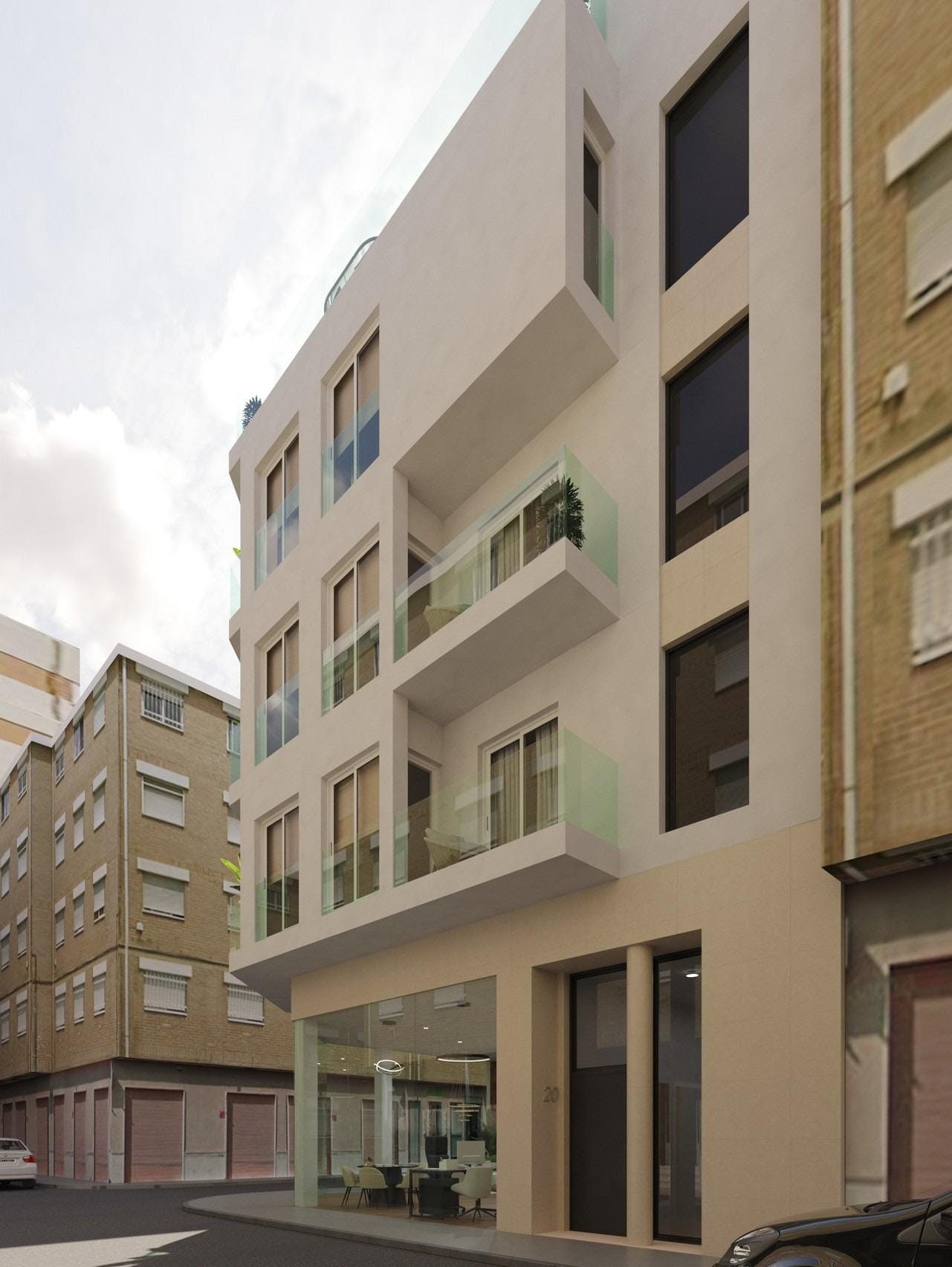 New-Build-Apartments-Near-the-Beach-in-Central-Guardamar-del-Segura-2 Side façade render of the apartment building in Guardamar del Segura, Alicante