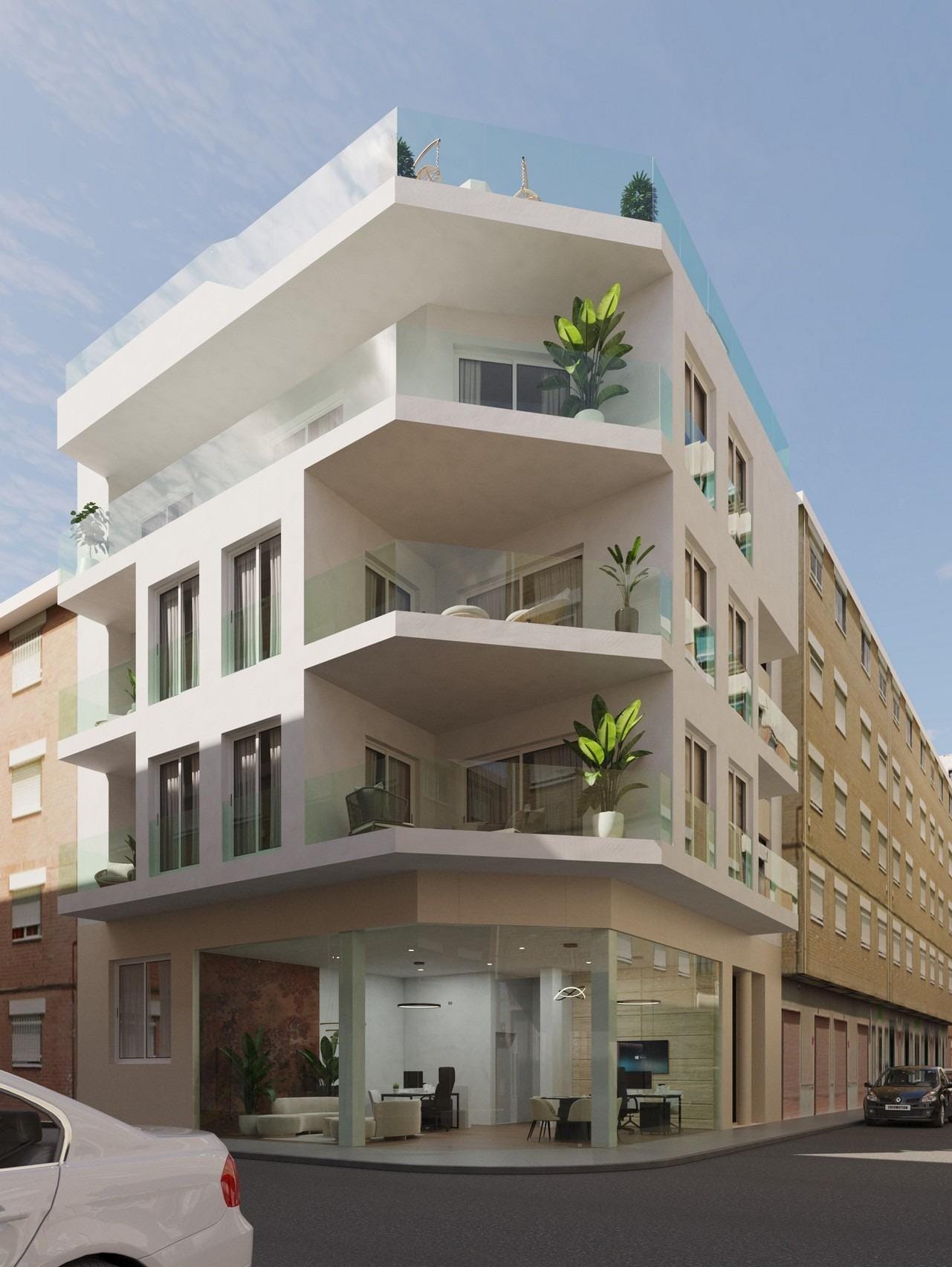 New Build Apartments Near the Beach in Central Guardamar del Segura Corner exterior render of the apartment building in Guardamar del Segura, Alicante