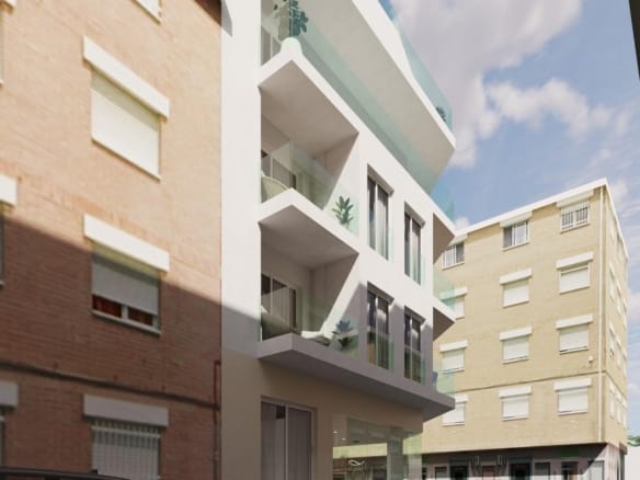 Street-view render of the building and balconies in Guardamar del Segura, Alicante