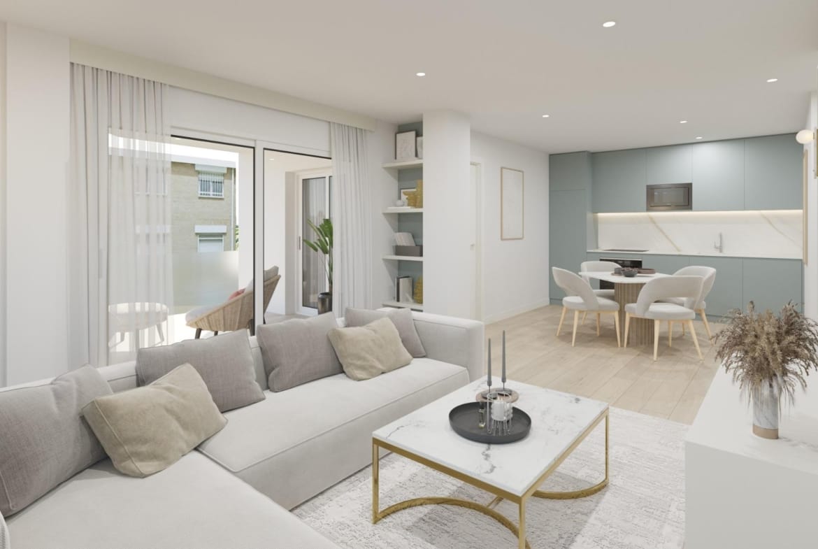 Open-plan living, dining and kitchen render in Guardamar del Segura, Alicante