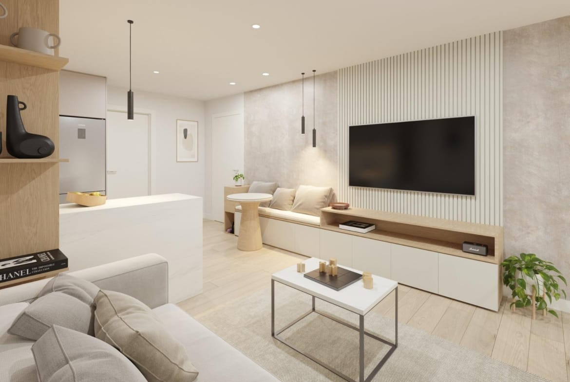 Studio interior render with open-plan living area and kitchen in Guardamar del Segura, Alicante