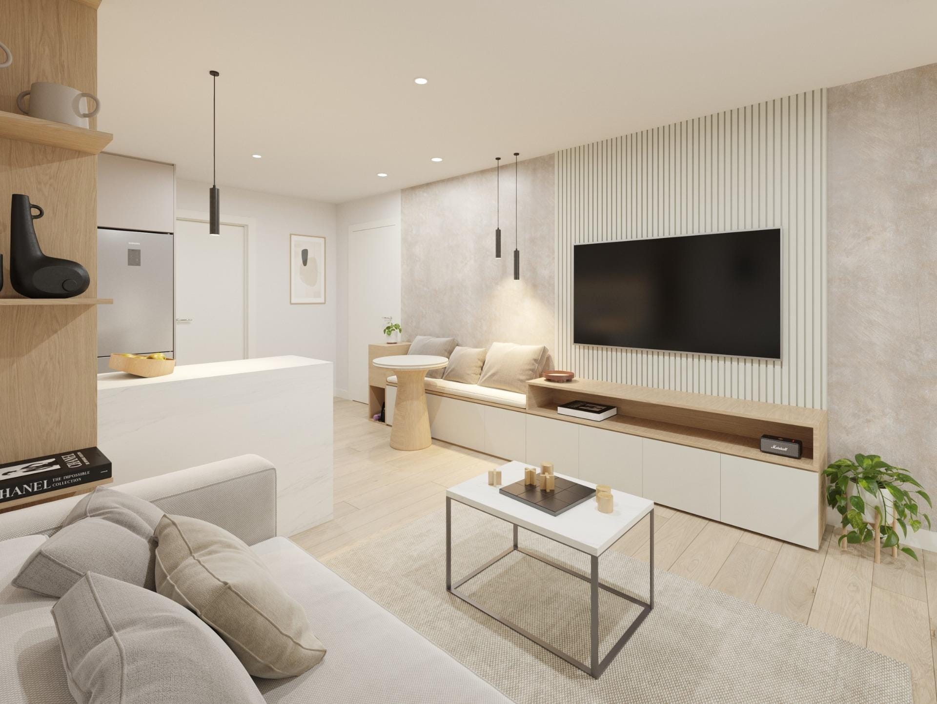 Studio interior render with open-plan living area and kitchen in Guardamar del Segura, Alicante