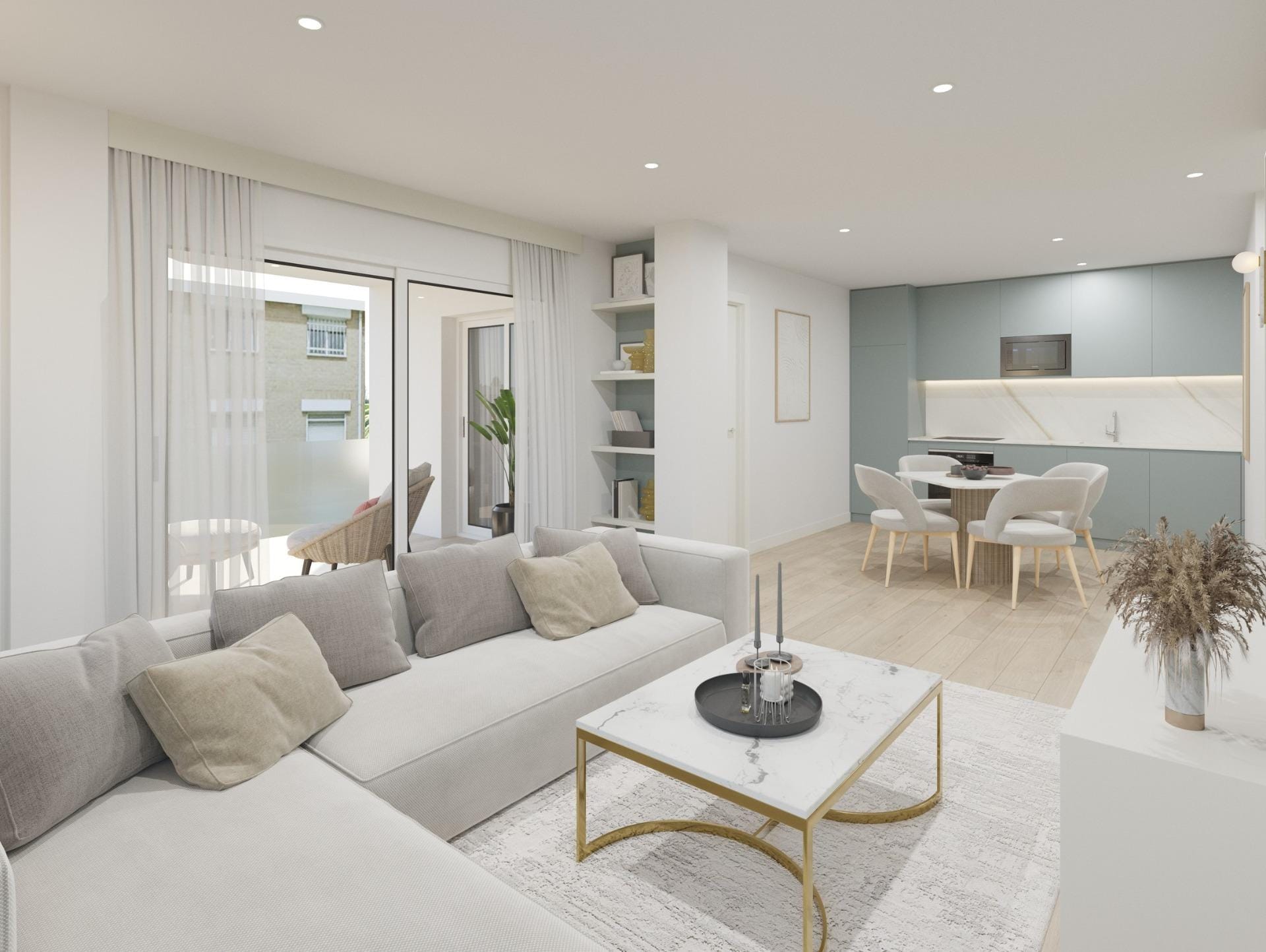 Open-plan living, dining and kitchen render in Guardamar del Segura, Alicante