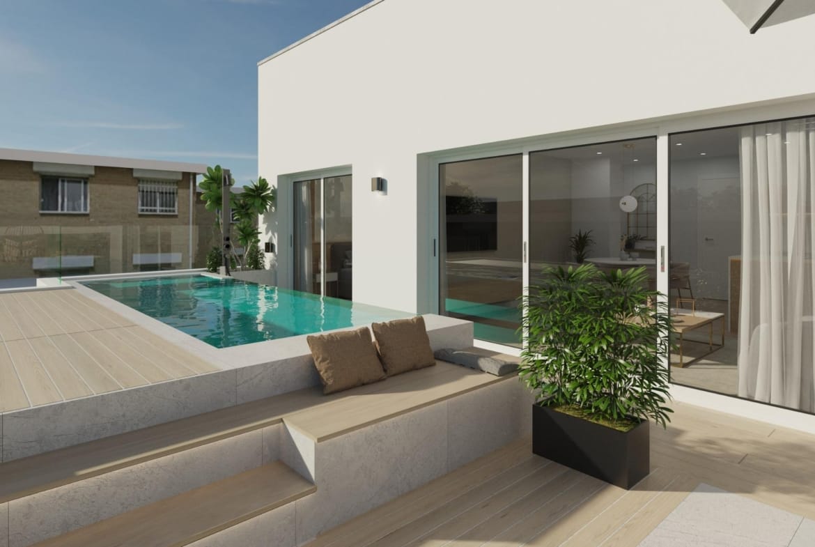 Penthouse terrace render with private pool and outdoor seating in Guardamar del Segura, Alicante