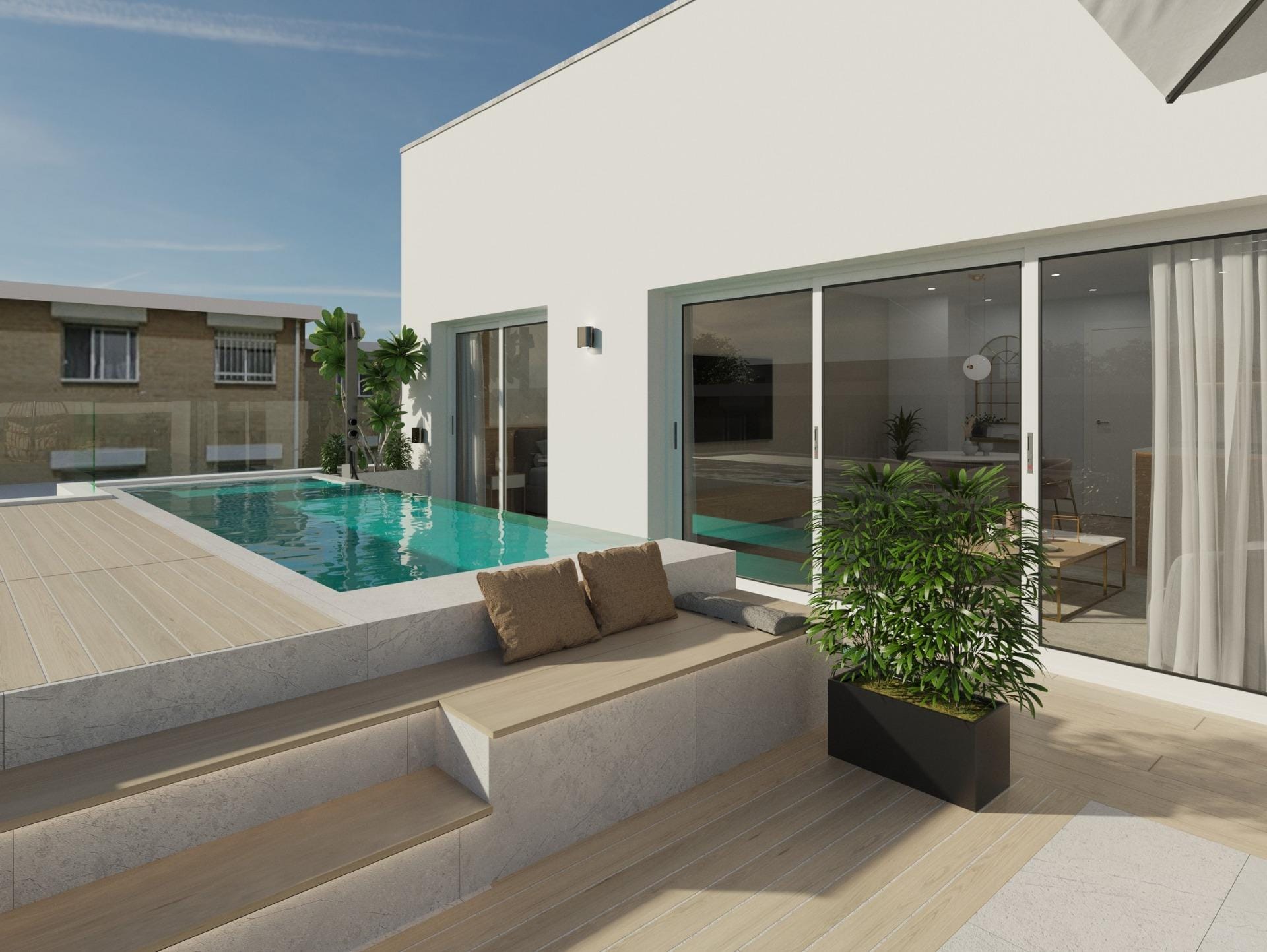 Penthouse terrace render with private pool and outdoor seating in Guardamar del Segura, Alicante