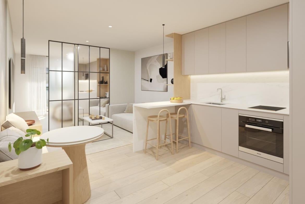 Fitted kitchen and breakfast bar render in a Guardamar del Segura studio, Alicante