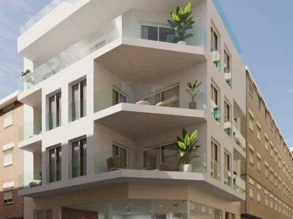 Corner exterior render of the apartment building in Guardamar del Segura, Alicante