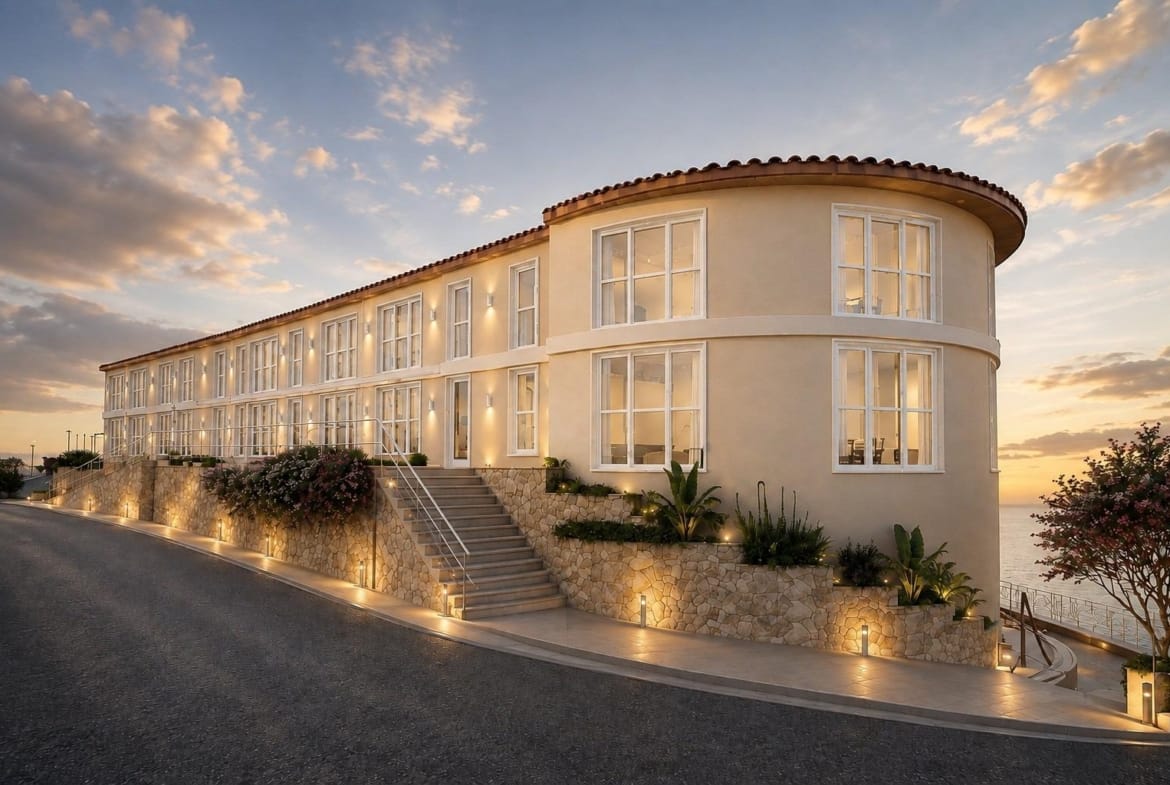 Rendering of the renovated apartment building on a sloping site in El Muscaret, Relleu, Alicante