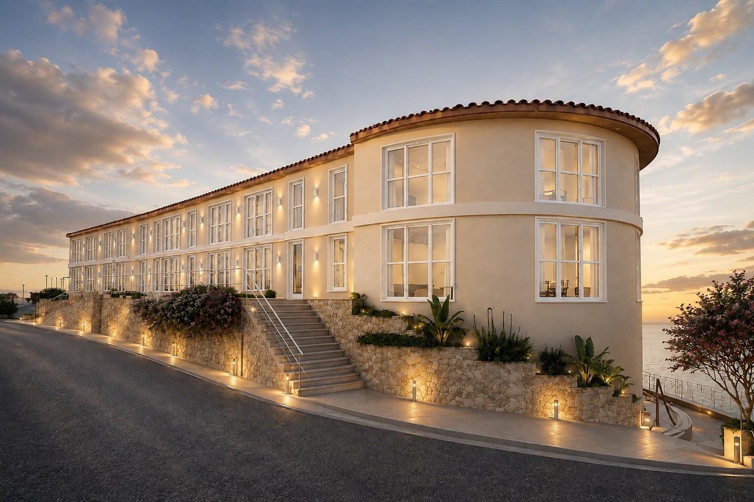 Rendering of the renovated apartment building on a sloping site in El Muscaret, Relleu, Alicante