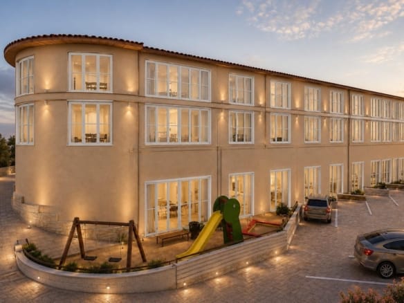 Rendering of the renovated apartment building with a small communal play area in El Muscaret, Relleu, Alicante