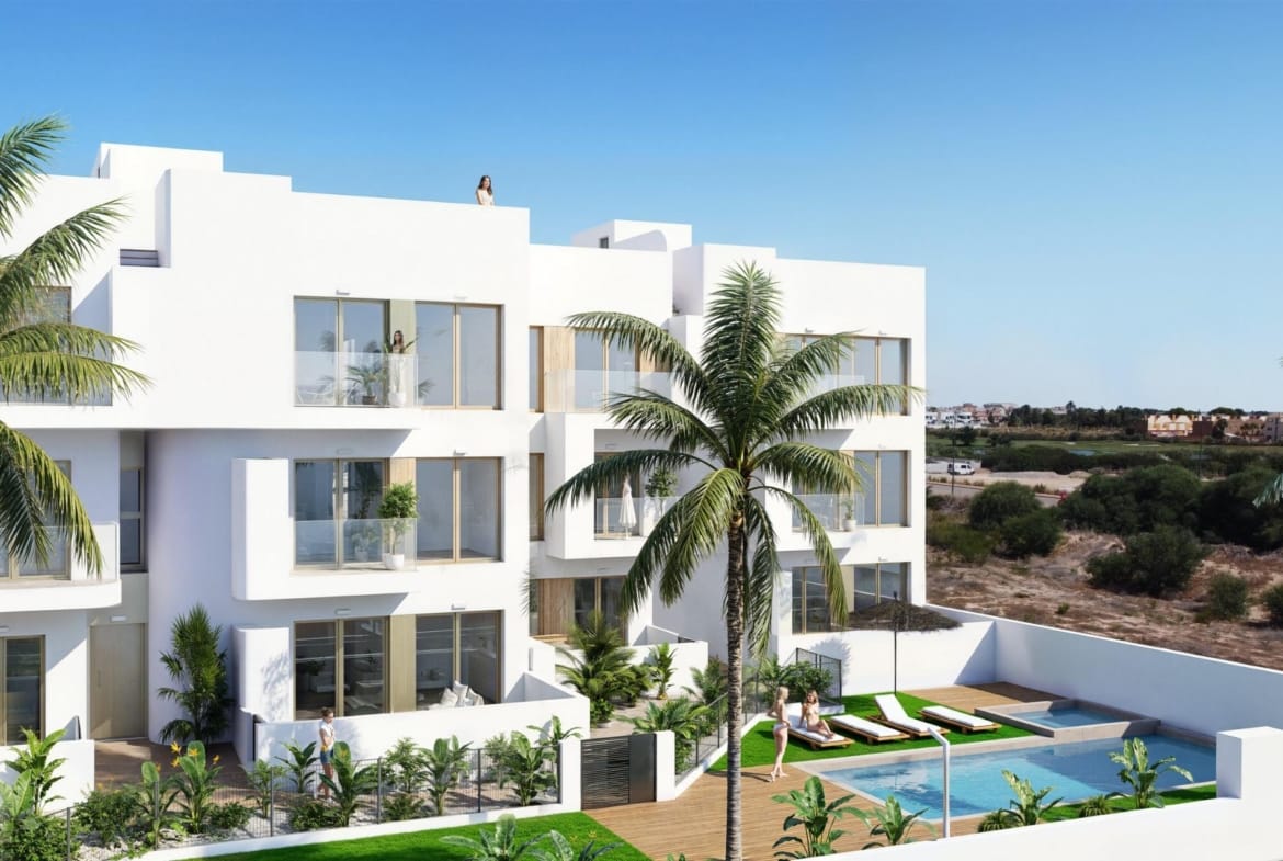 Apartment building and communal pool render in Serena Golf, Los Alcázares, Murcia