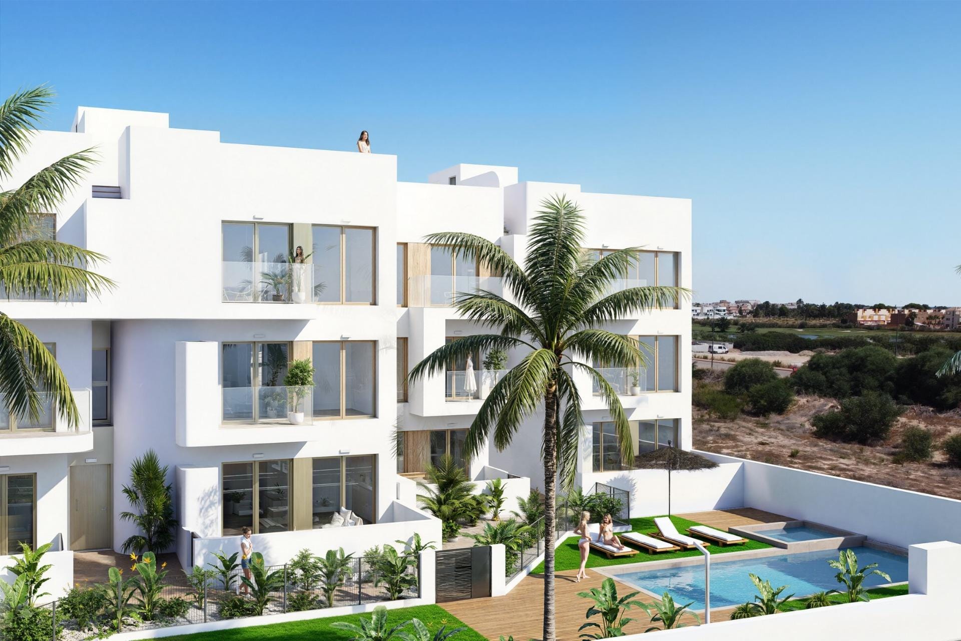 New-Build-Residential-Complex-in-Los-Alcazares-on-the-Frontline-of-Serena-Golf-1 Apartment building and communal pool render in Serena Golf, Los Alcázares, Murcia