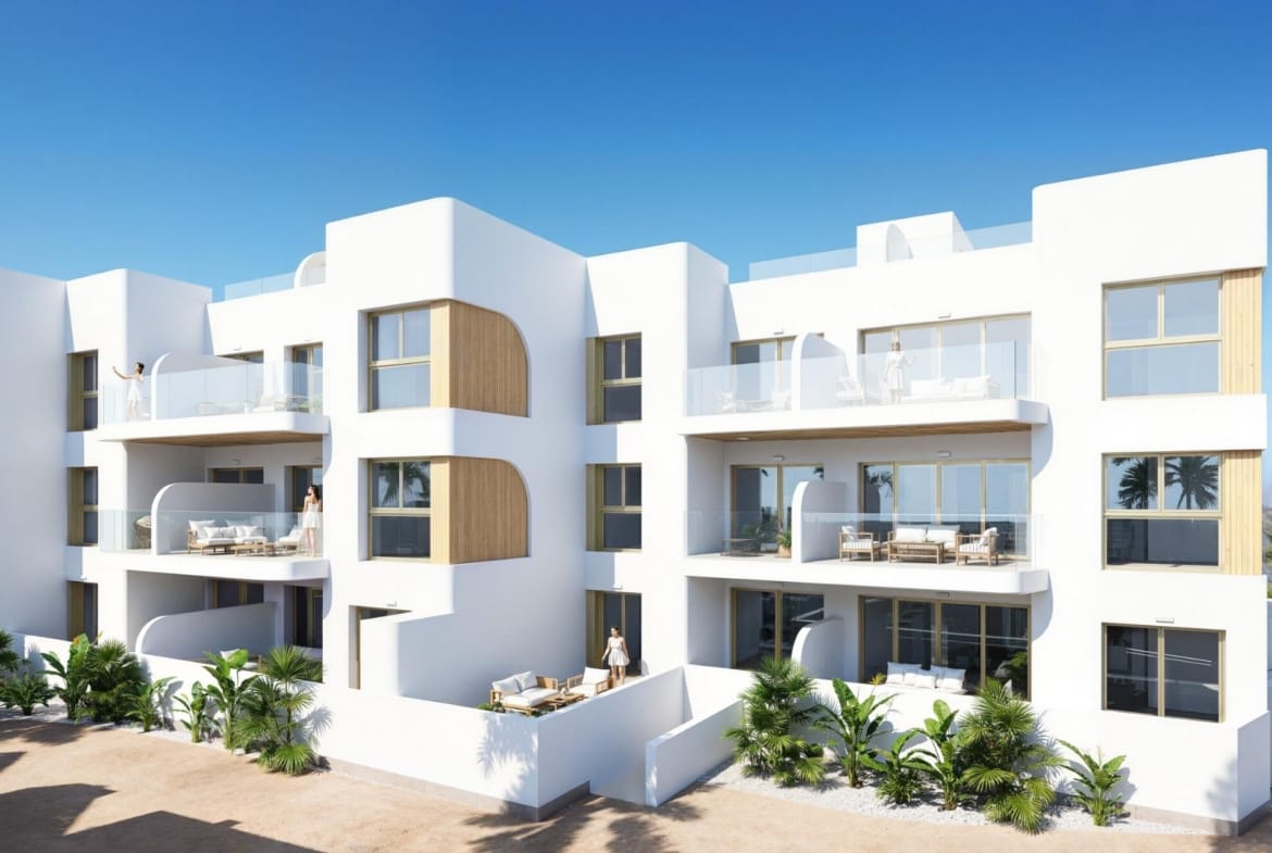 Contemporary apartment façades and terraces render in Serena Golf, Los Alcázares, Murcia
