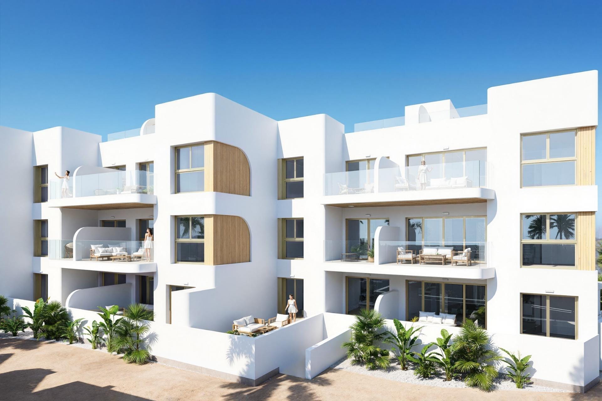 New-Build-Residential-Complex-in-Los-Alcazares-on-the-Frontline-of-Serena-Golf-3 Contemporary apartment façades and terraces render in Serena Golf, Los Alcázares, Murcia