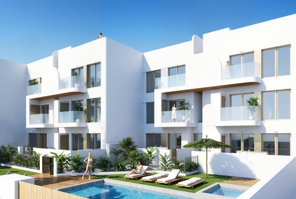 Communal pool and landscaped gardens render in Serena Golf, Los Alcázares, Murcia