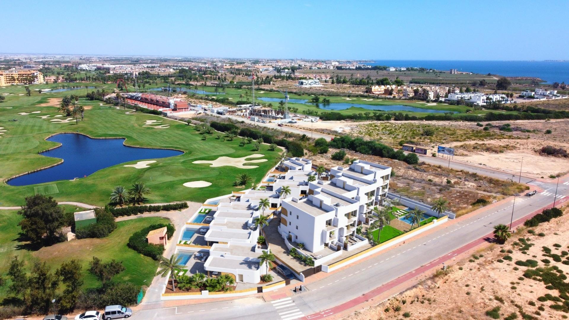 New Build Residential Complex in Los Alcázares on the Frontline of Serena Golf Aerial view of the development beside Serena Golf, Los Alcázares, Murcia