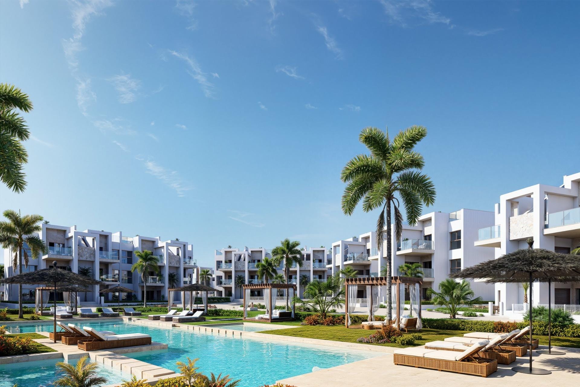 Rendering of the communal lagoon pool and landscaped apartment grounds in Serena Golf, Los Alcazares, Murcia