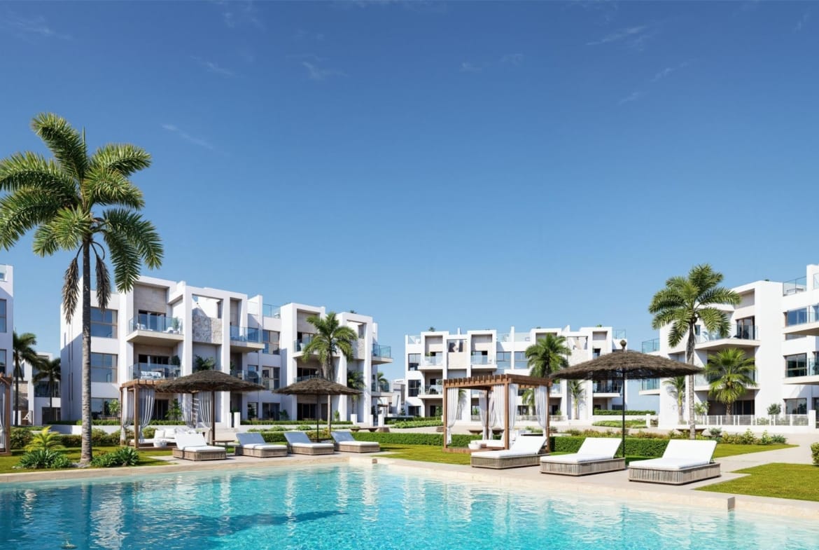 Rendering of the communal swimming pool with palms and sun loungers in Serena Golf, Los Alcazares, Murcia