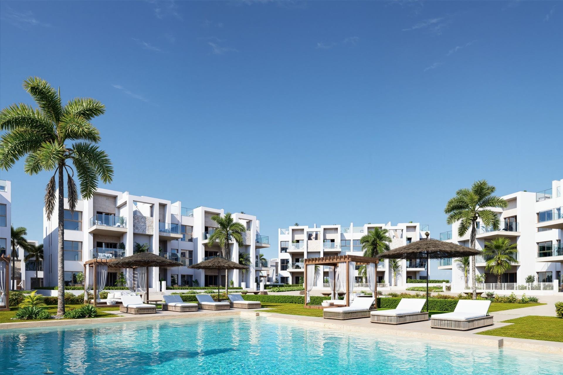 Rendering of the communal swimming pool with palms and sun loungers in Serena Golf, Los Alcazares, Murcia