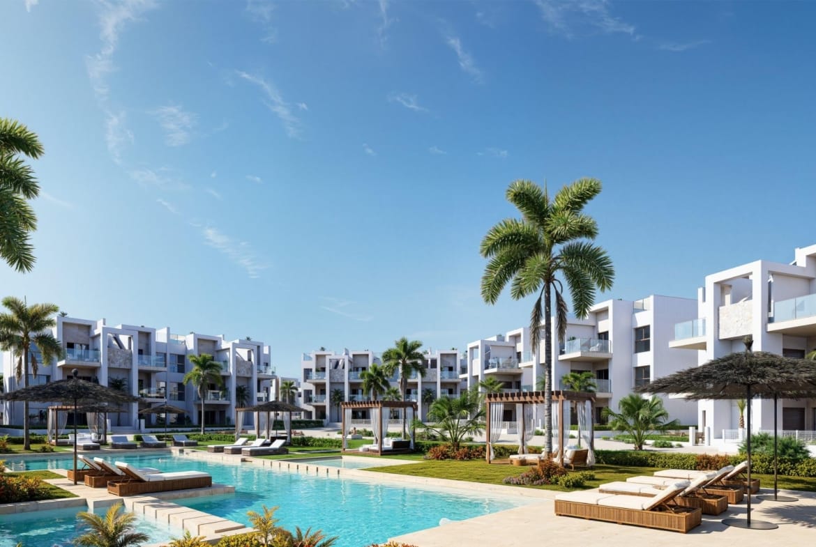 Rendering of the communal lagoon pool and landscaped apartment grounds in Serena Golf, Los Alcazares, Murcia