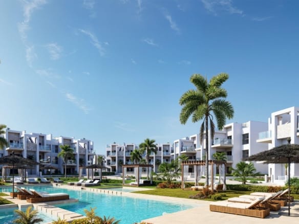 Rendering of the communal lagoon pool and landscaped apartment grounds in Serena Golf, Los Alcazares, Murcia