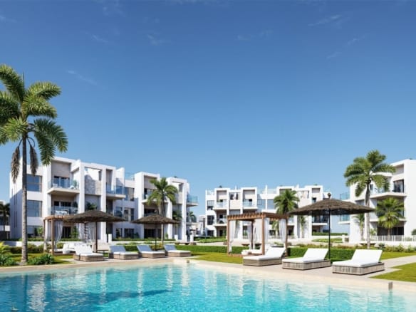 Rendering of the communal swimming pool with palms and sun loungers in Serena Golf, Los Alcazares, Murcia