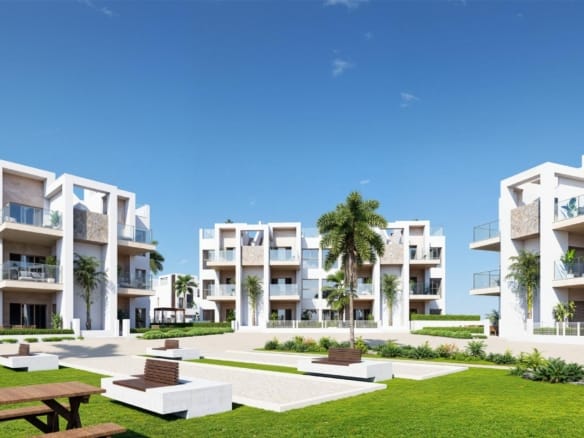 Rendering of landscaped communal gardens beside the apartments in Serena Golf, Los Alcazares, Murcia