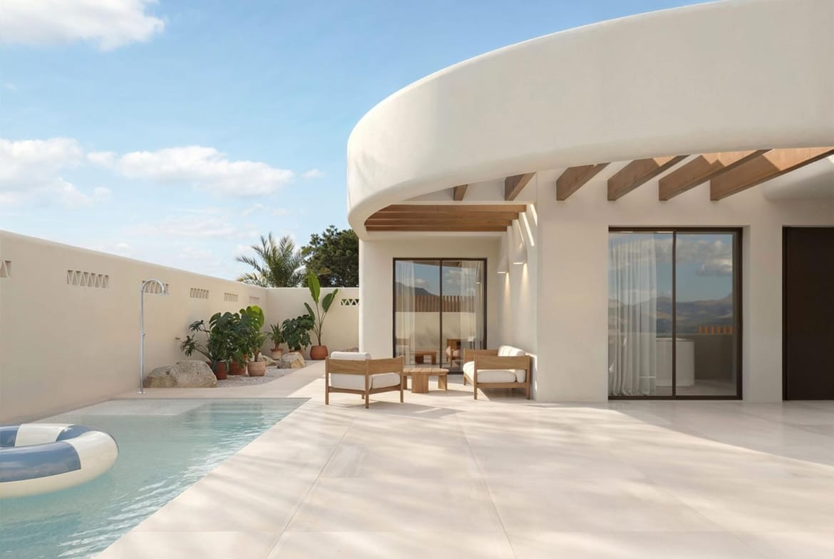 Rendering of the covered terrace and pool beside the villa in La Finca Golf, Algorfa, Alicante