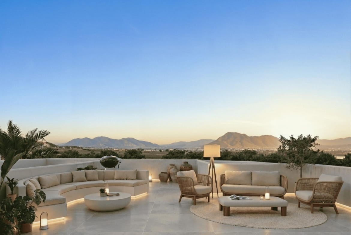 Rendering of seating on the private solarium with mountain surroundings in La Finca Golf, Algorfa, Alicante