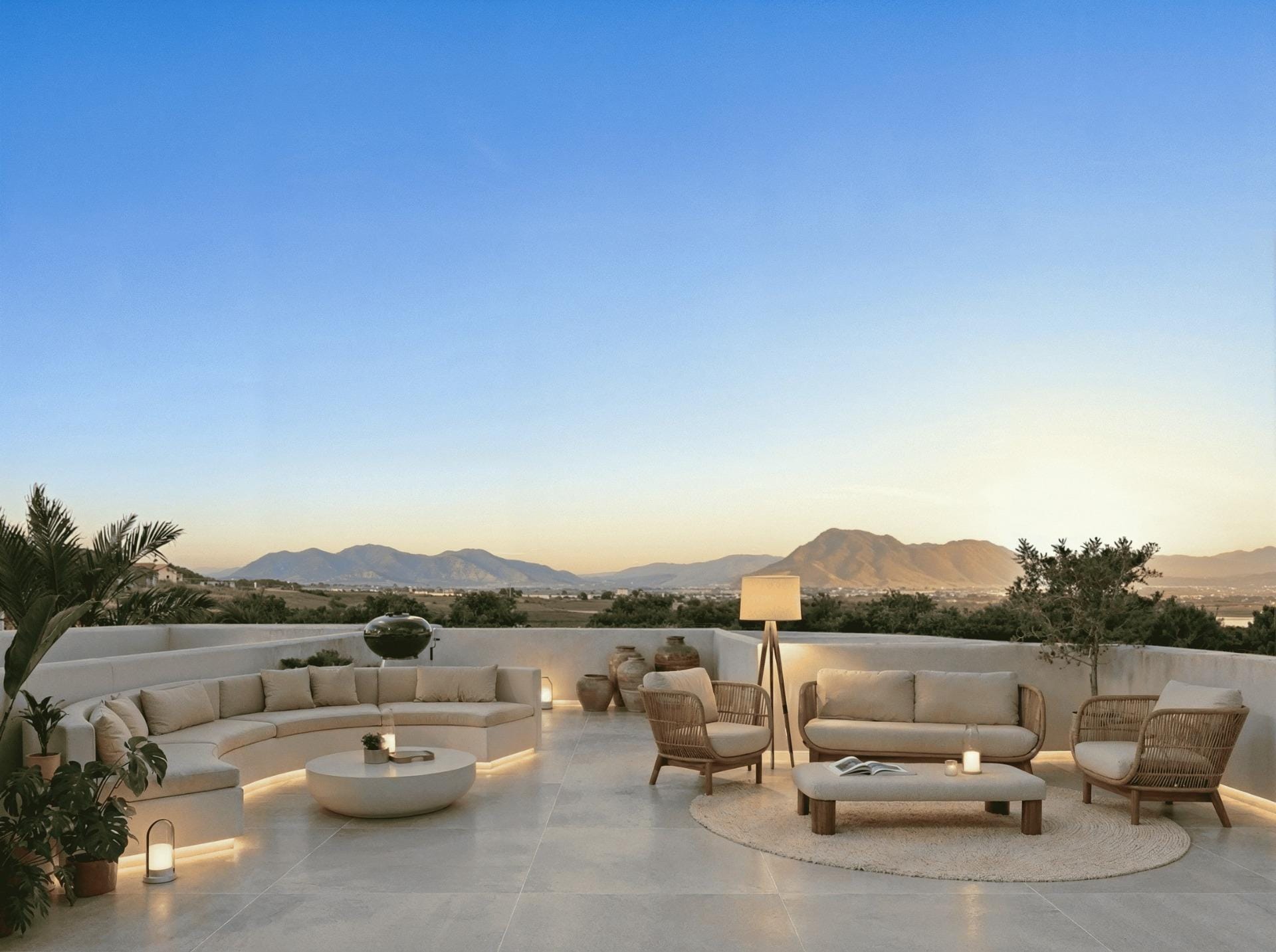 Rendering of seating on the private solarium with mountain surroundings in La Finca Golf, Algorfa, Alicante
