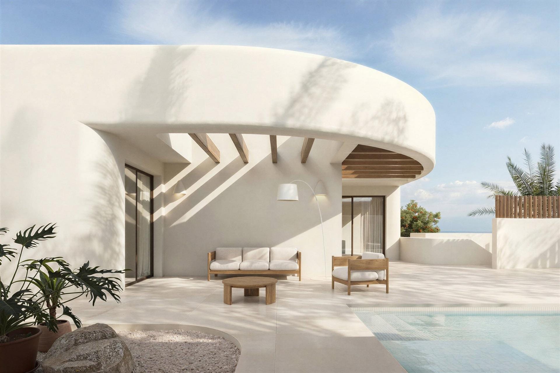 New-Build-Villas-in-La-Finca-Golf-Algorfa-Modern-Luxury-in-the-Heart-of-the-Costa-Blanca-3 Rendering of the rounded terrace canopy and pool in La Finca Golf, Algorfa, Alicante