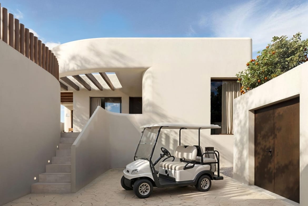 Rendering of the villa entrance with a golf buggy beside the exterior stairs in La Finca Golf, Algorfa, Alicante