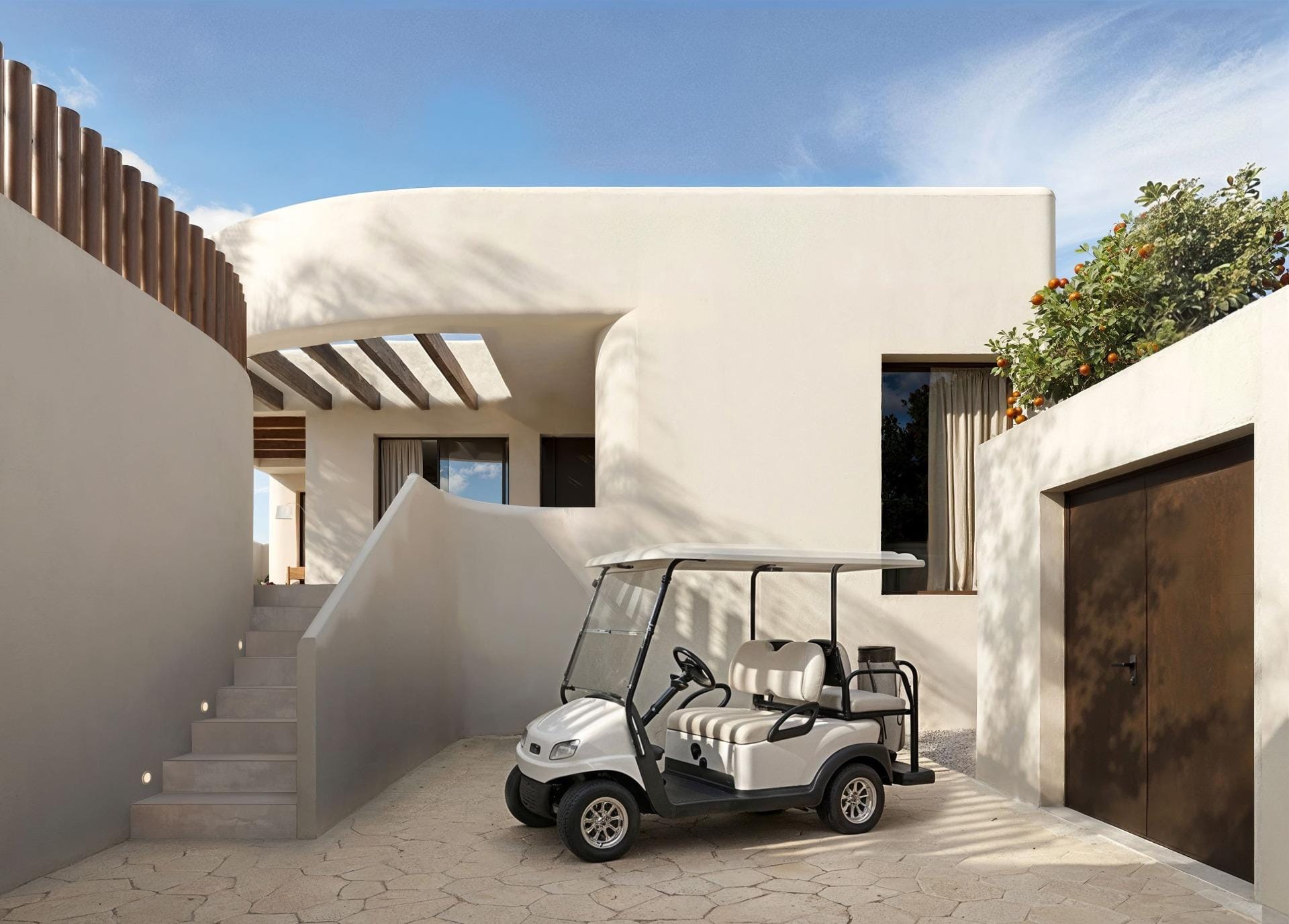 New-Build-Villas-in-La-Finca-Golf-Algorfa-Modern-Luxury-in-the-Heart-of-the-Costa-Blanca-4 Rendering of the villa entrance with a golf buggy beside the exterior stairs in La Finca Golf, Algorfa, Alicante